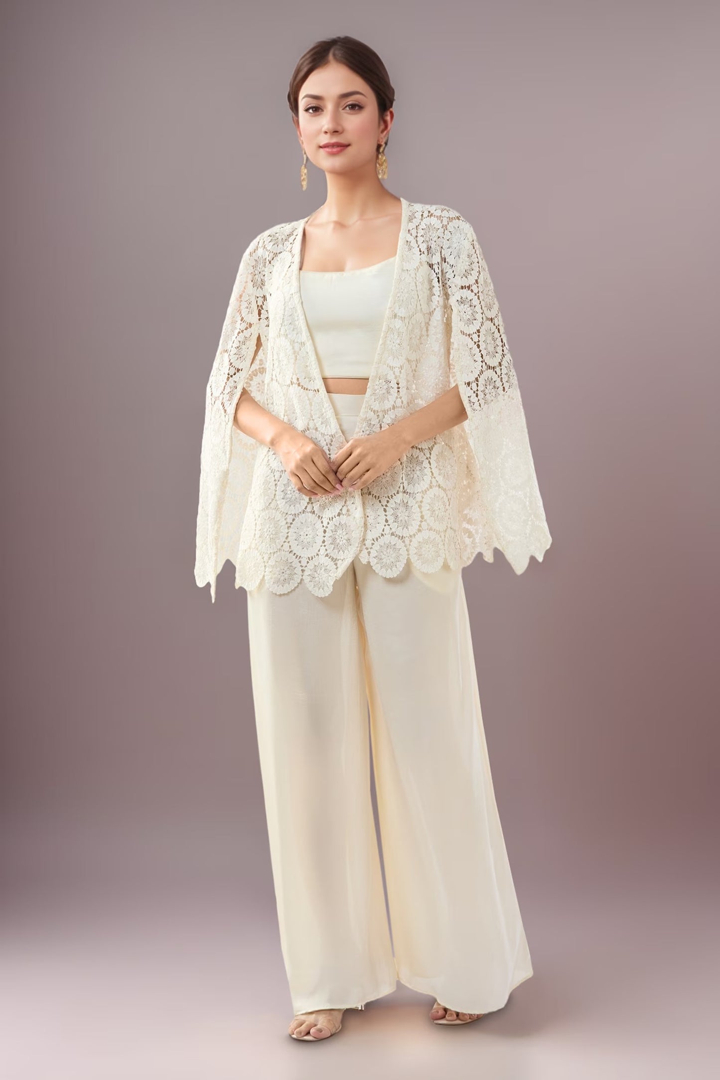 Designer Wear White Open Jacket And Pant Set
