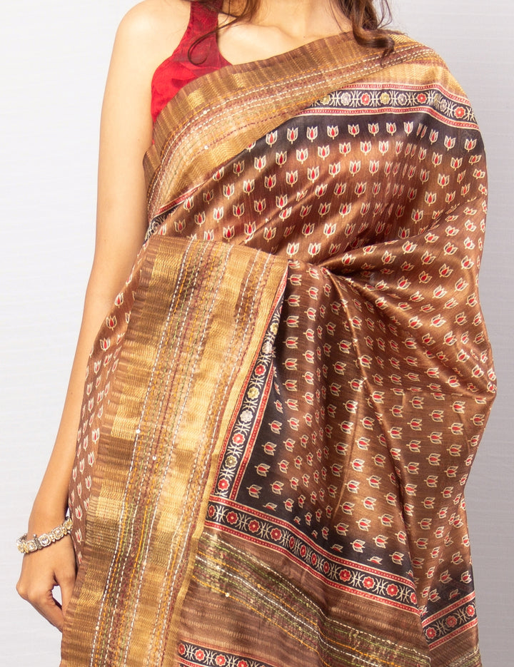 Brown Color Tassar Saree With  Blouse Piece.