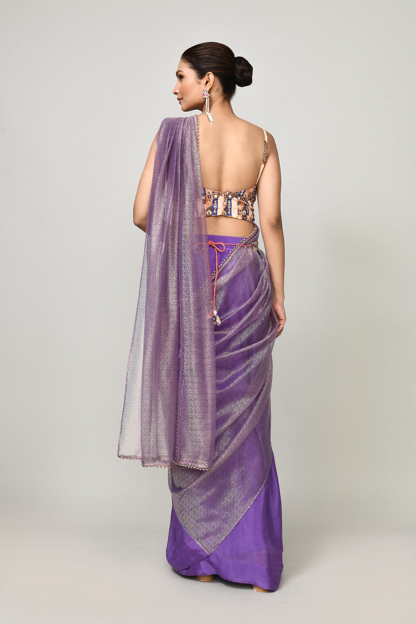 Designer Wear Purple Chinon Chiffon & Tissue Drape Saree