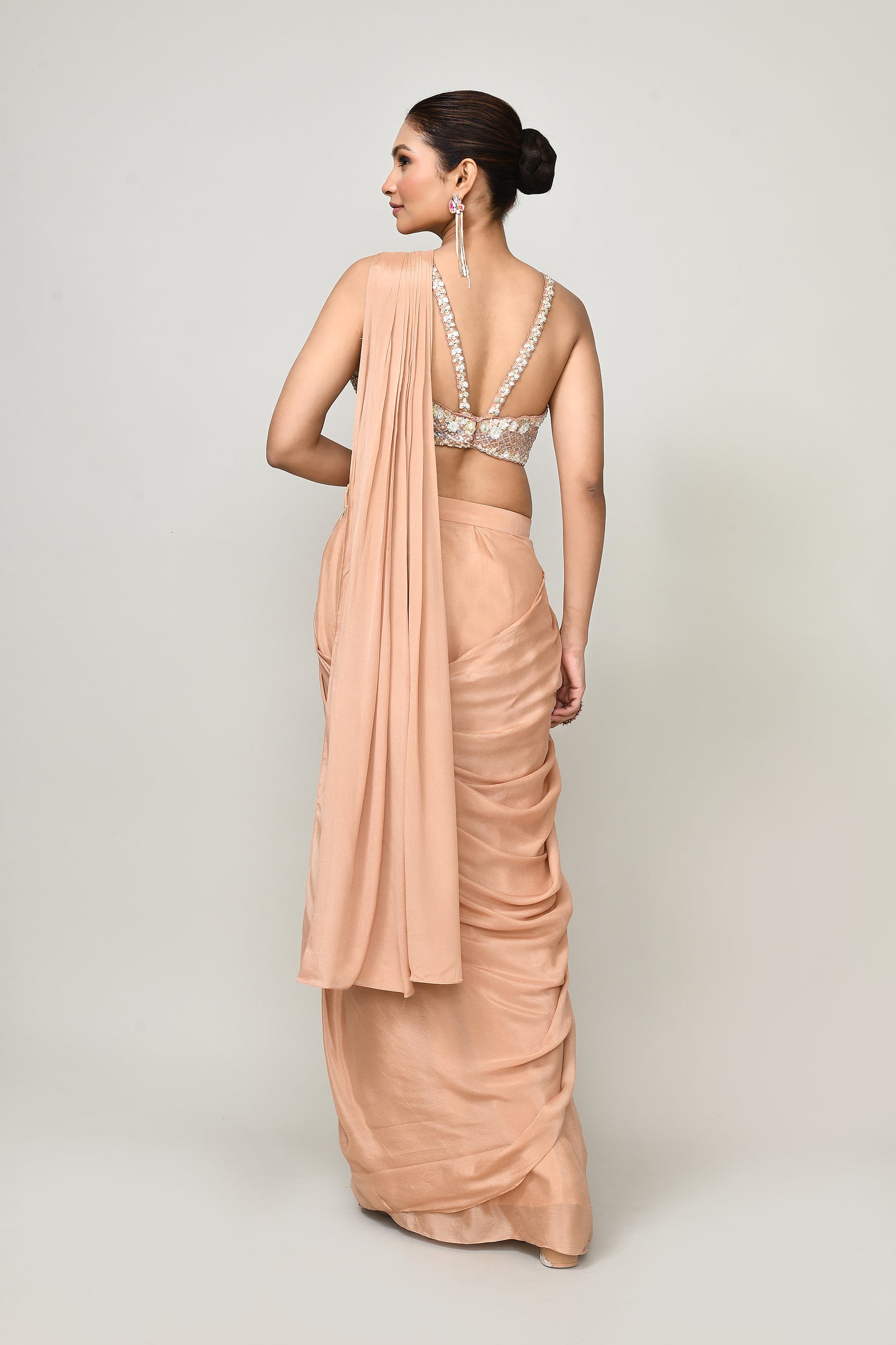 Designer Wear Peach Chinon Chiffon Drape Saree