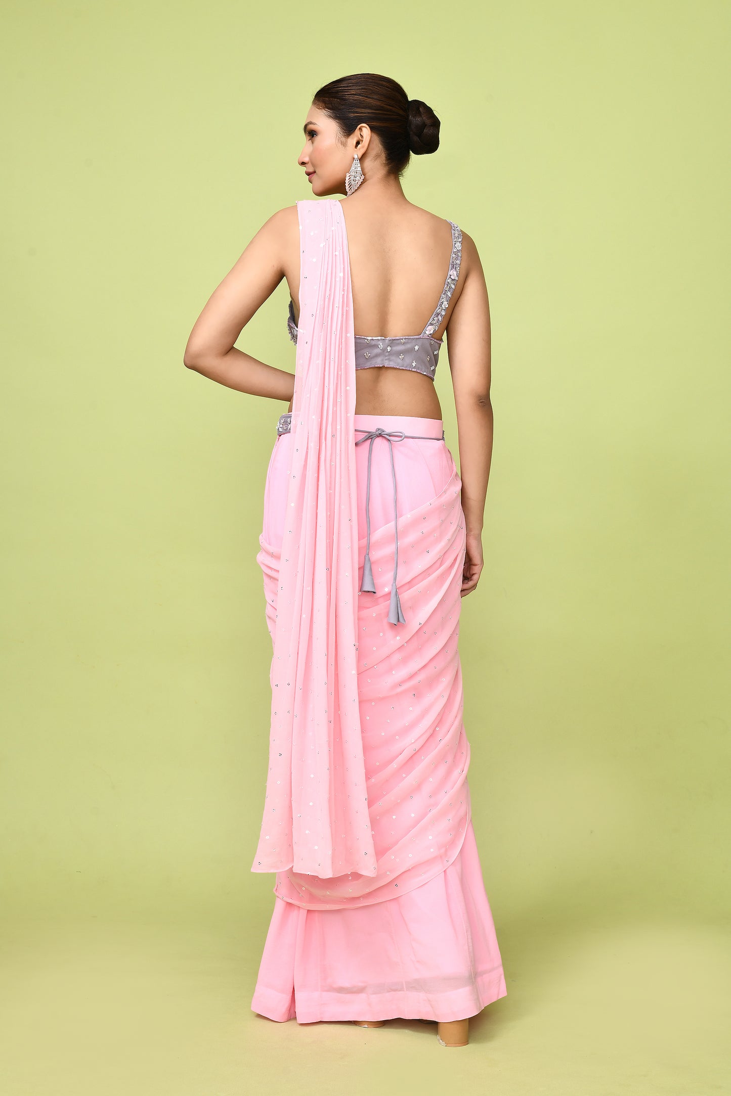 Designer Wear Pink Chinon Chiffon Drape Saree