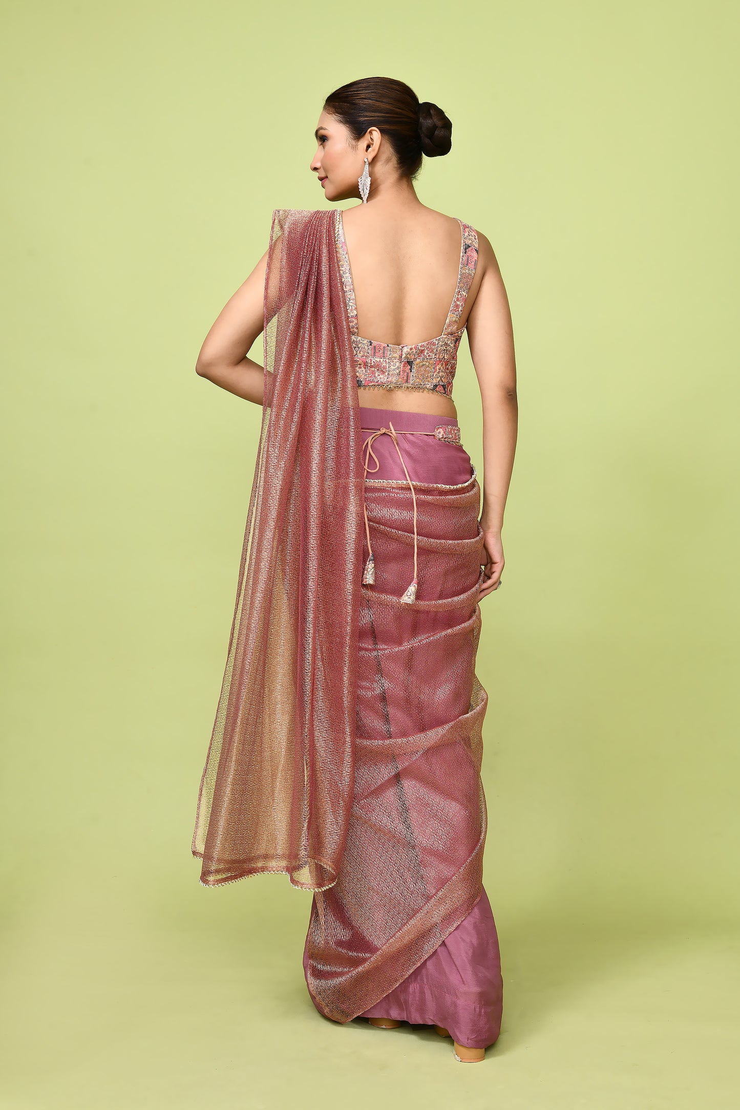 Designer Wear Brown Chinon Chiffon & Tissue Drape Saree