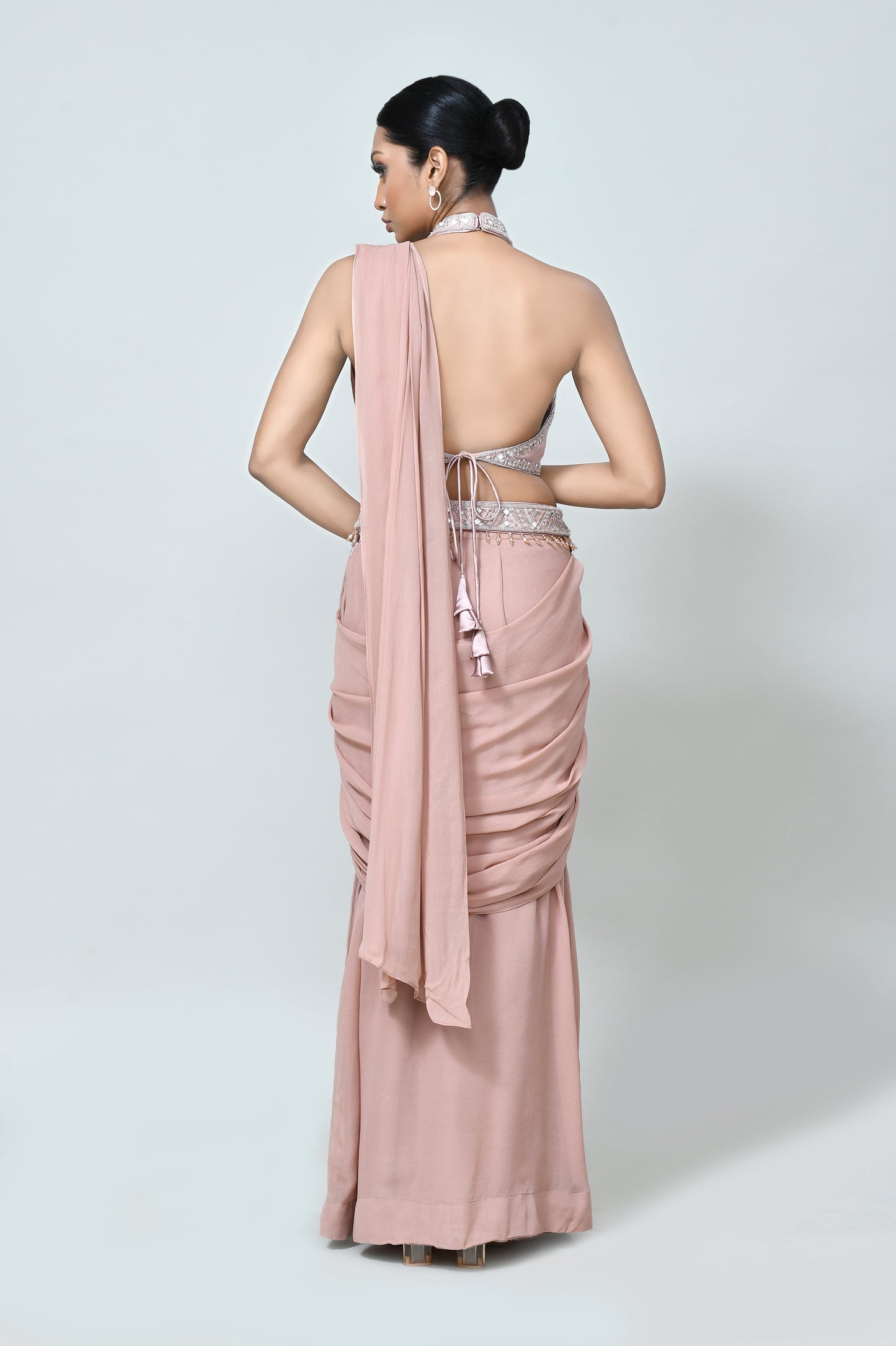 Designer Wear Powder Pink Net Georgette Drape Saree