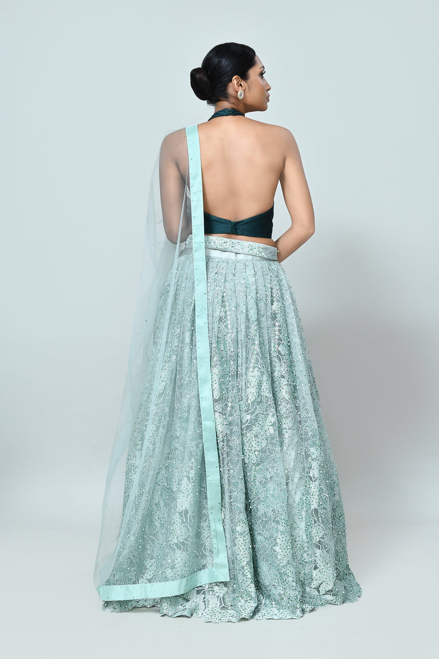 Designer Wear Sea Green Embroidered Net Lehenga Set