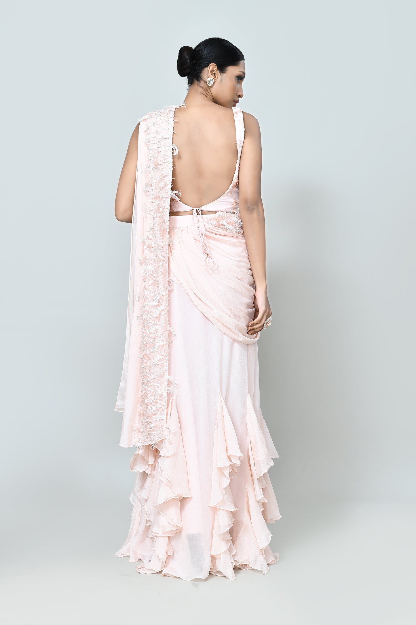 Designer Wear Light Peach Chinon Chiffon Drape Saree