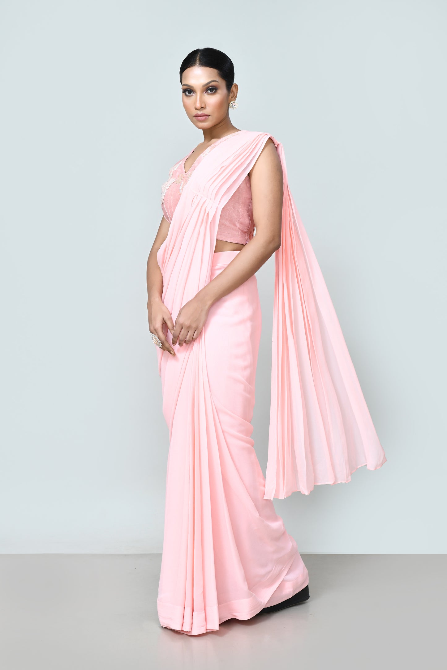 Designer Wear Light Pink Georgette Drape Saree