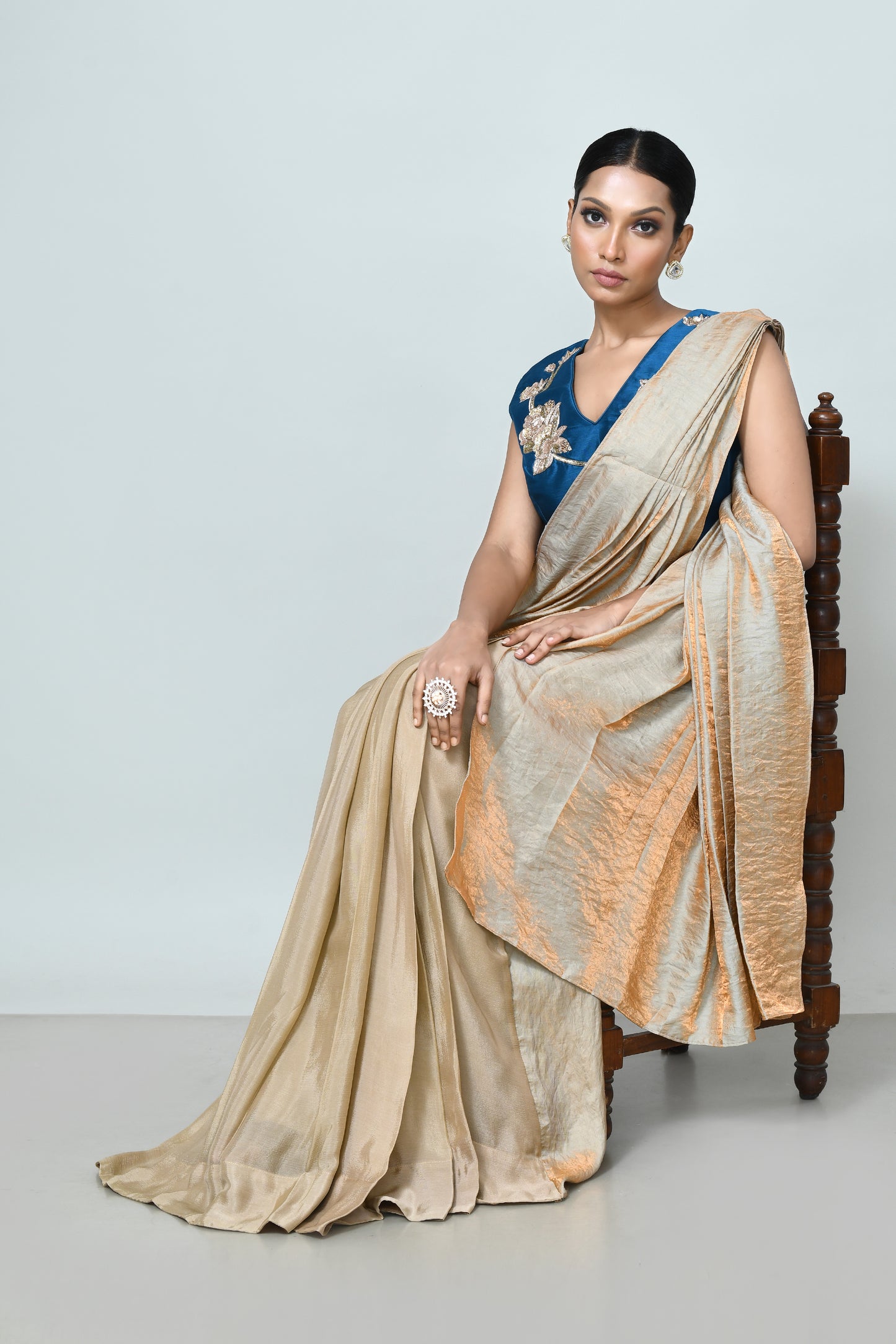 Designer Wear Beige Drape Saree Set