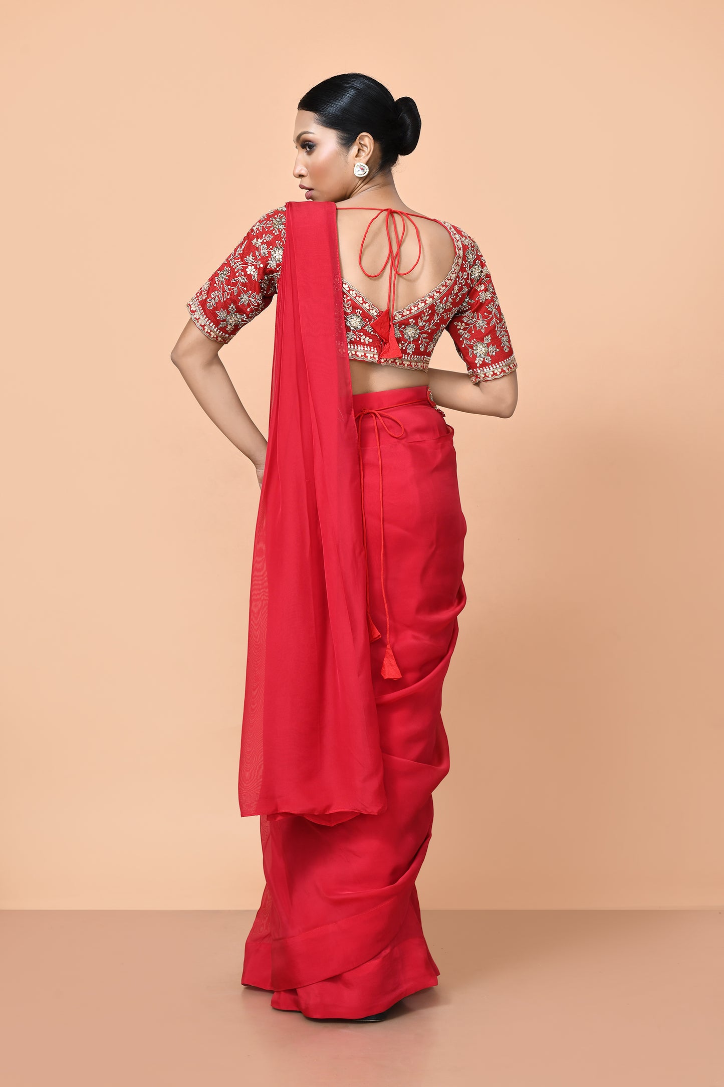 Designer Wear Red Viscose Organza Drape Saree