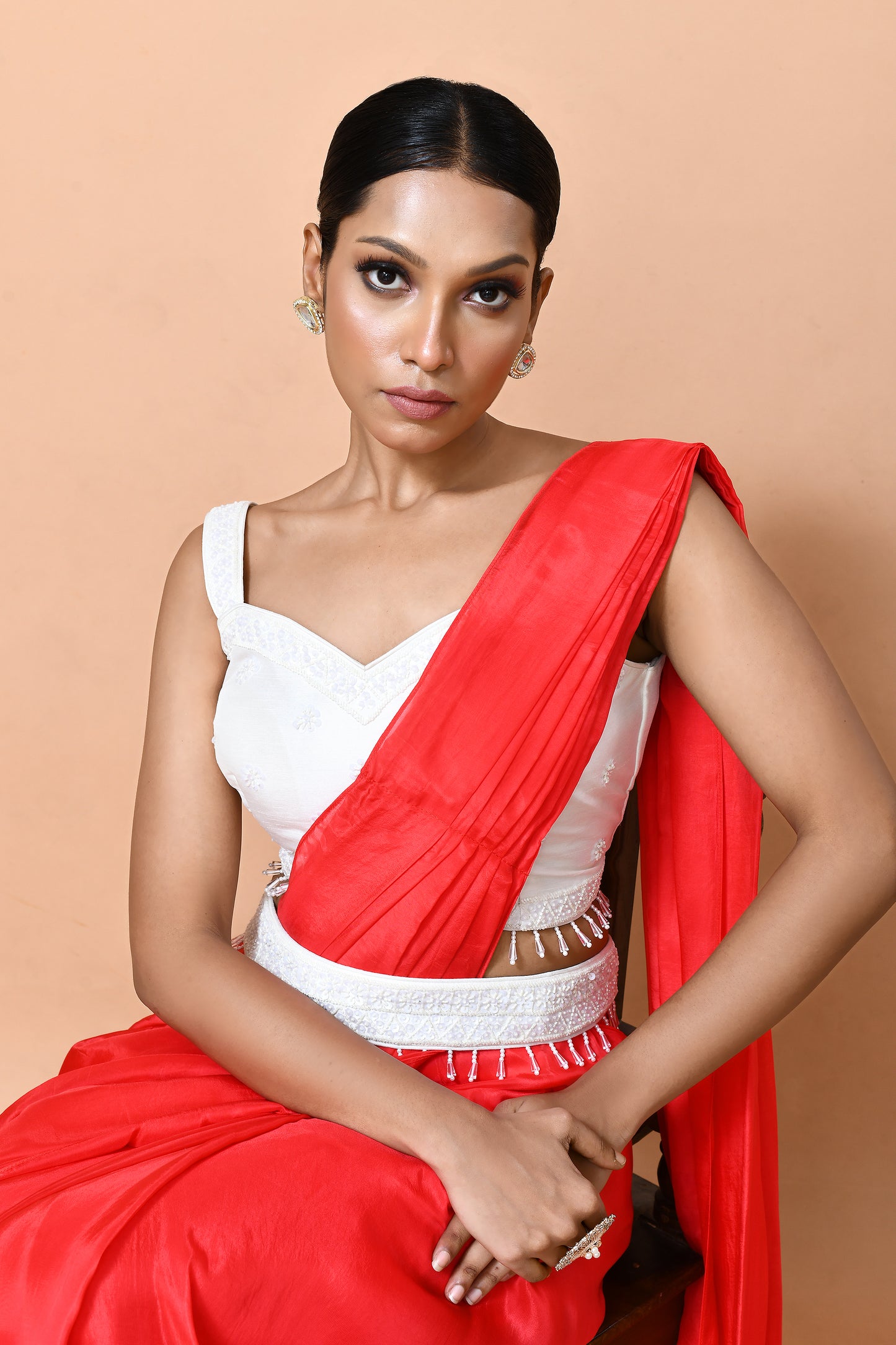 Designer Wear Red Drape Saree