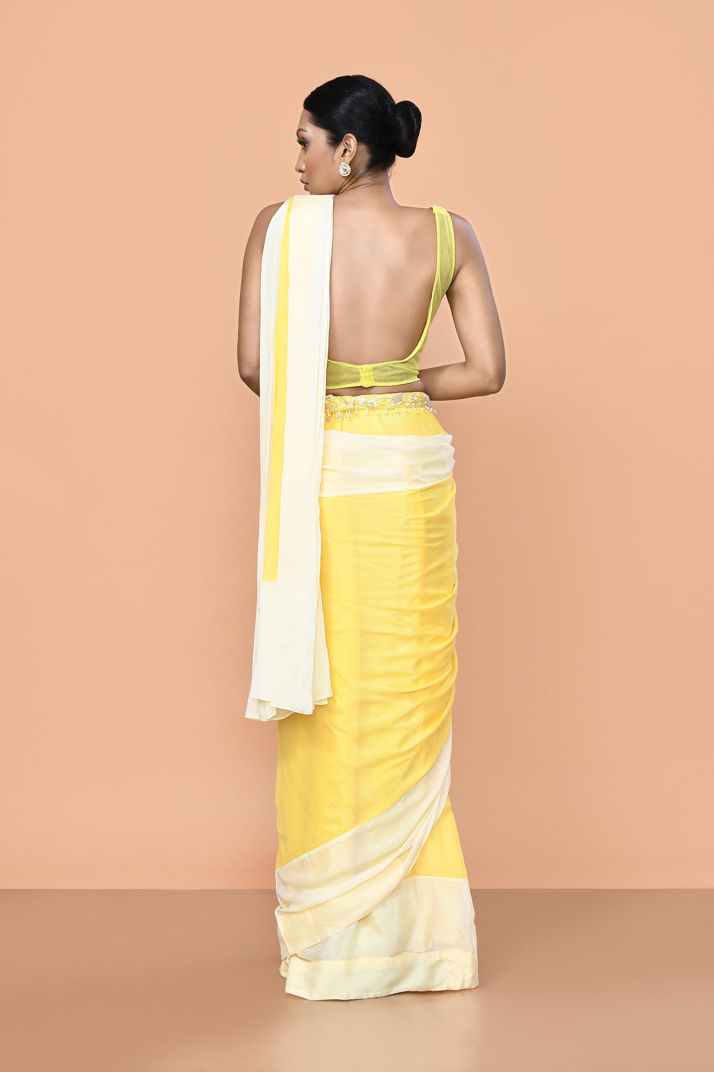 Designer Wear Yellow Chinon Chiffon Drape Saree
