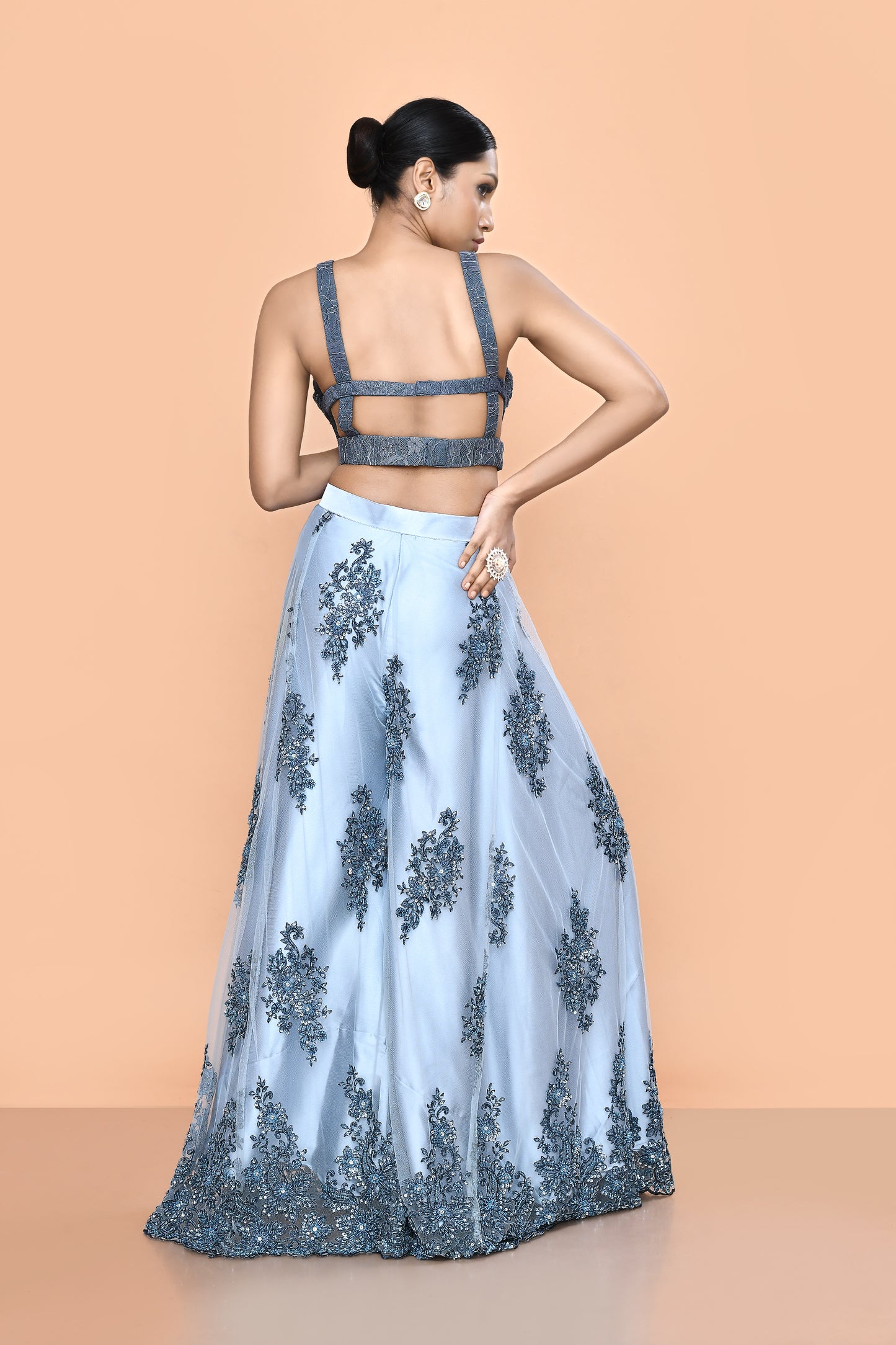 Designer Wear Grey Net Embroidered Palazzo Set