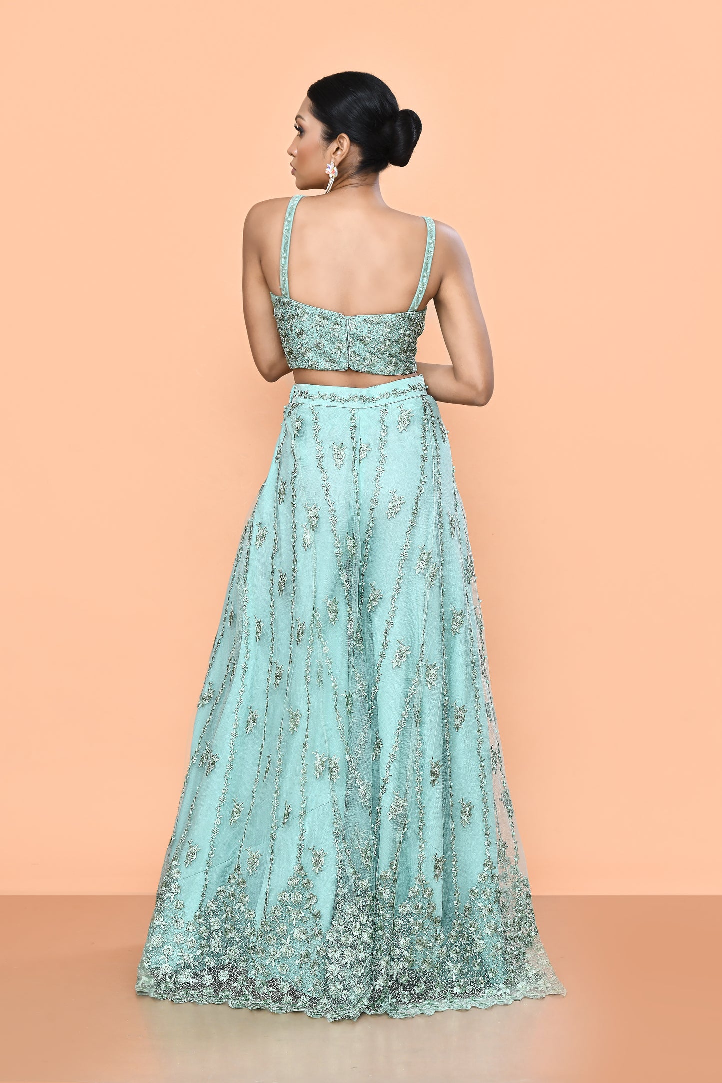 Designer Wear Sea Green Net Embroidered Lehenga Set