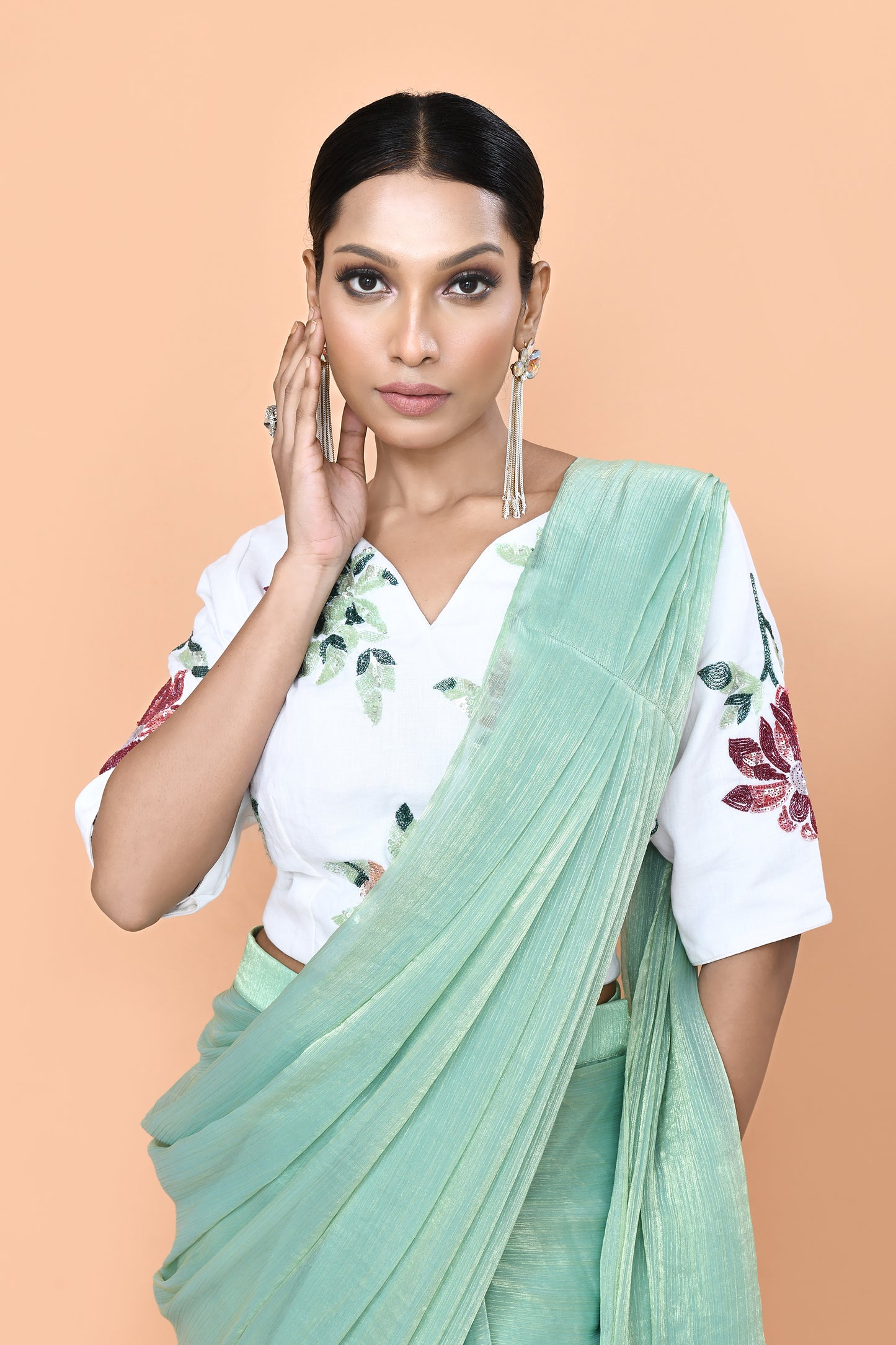 Designer Wear Mint Green Drape Saree