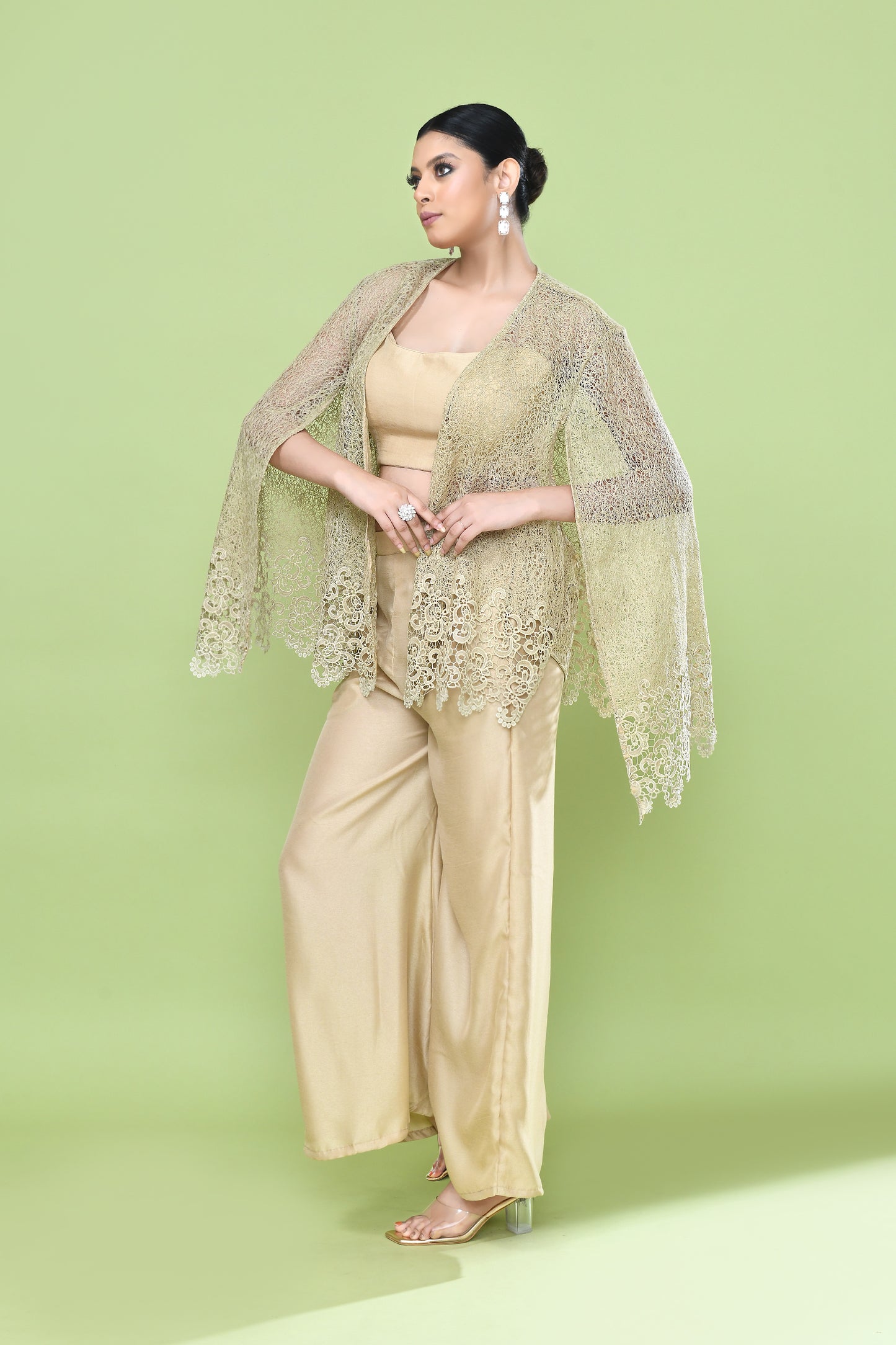 Designer Wear Beige Palazzo Set with an Embellished Jacket
