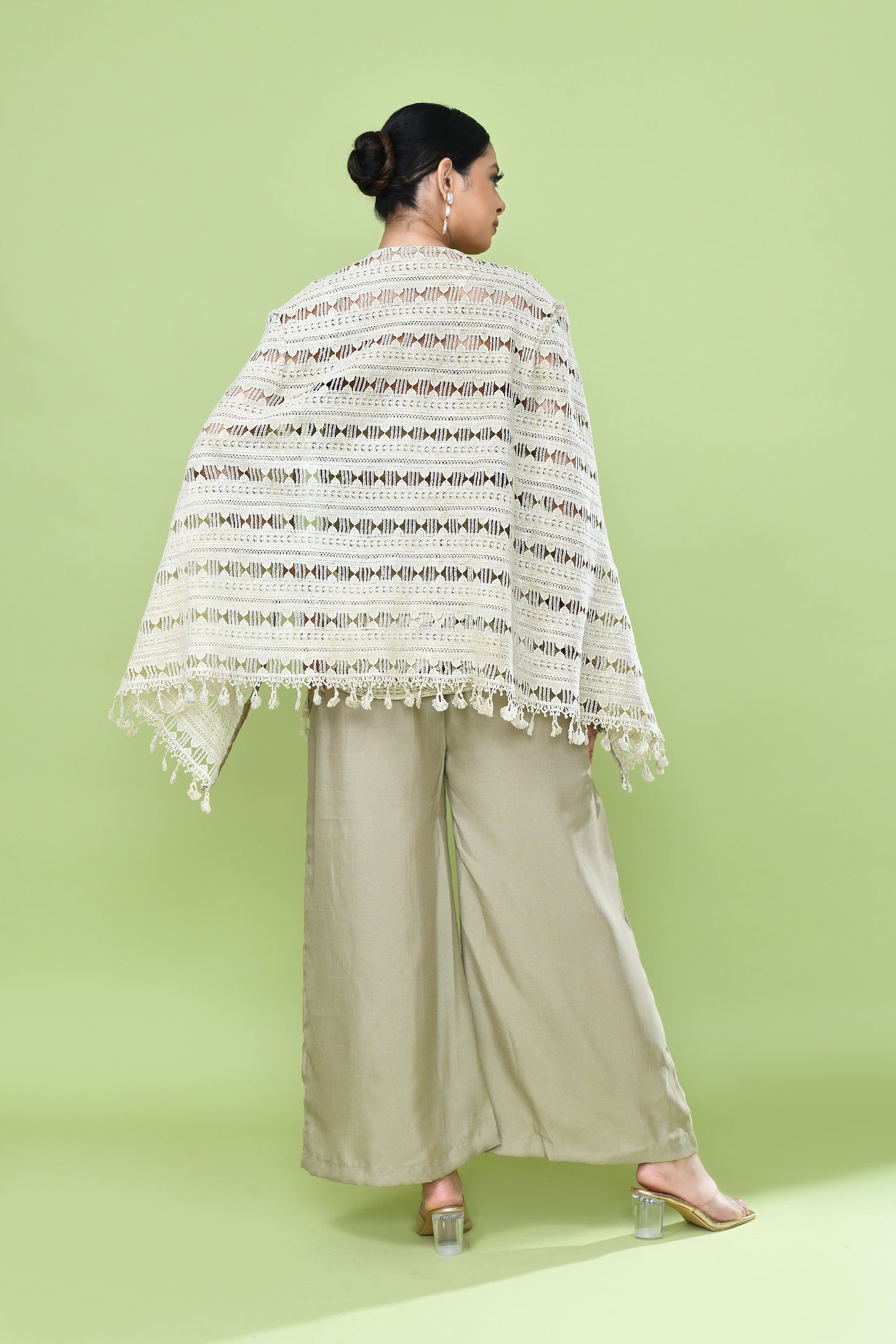 Designer Wear Sage Green Palazzo Set with an Cream Embellished Jacket