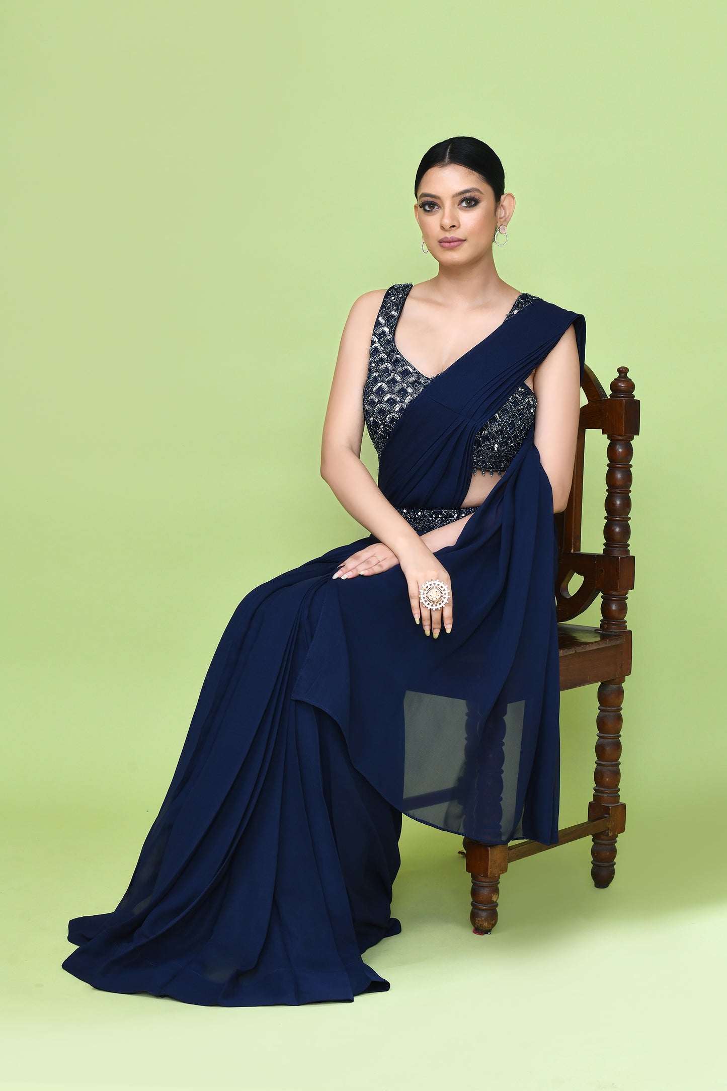 Designer Wear Navy Blue Georgette Drape Saree