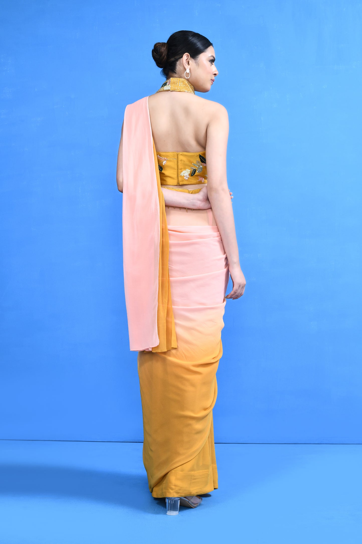 Designer Wear Yellow and Pink Georgette Drape Saree