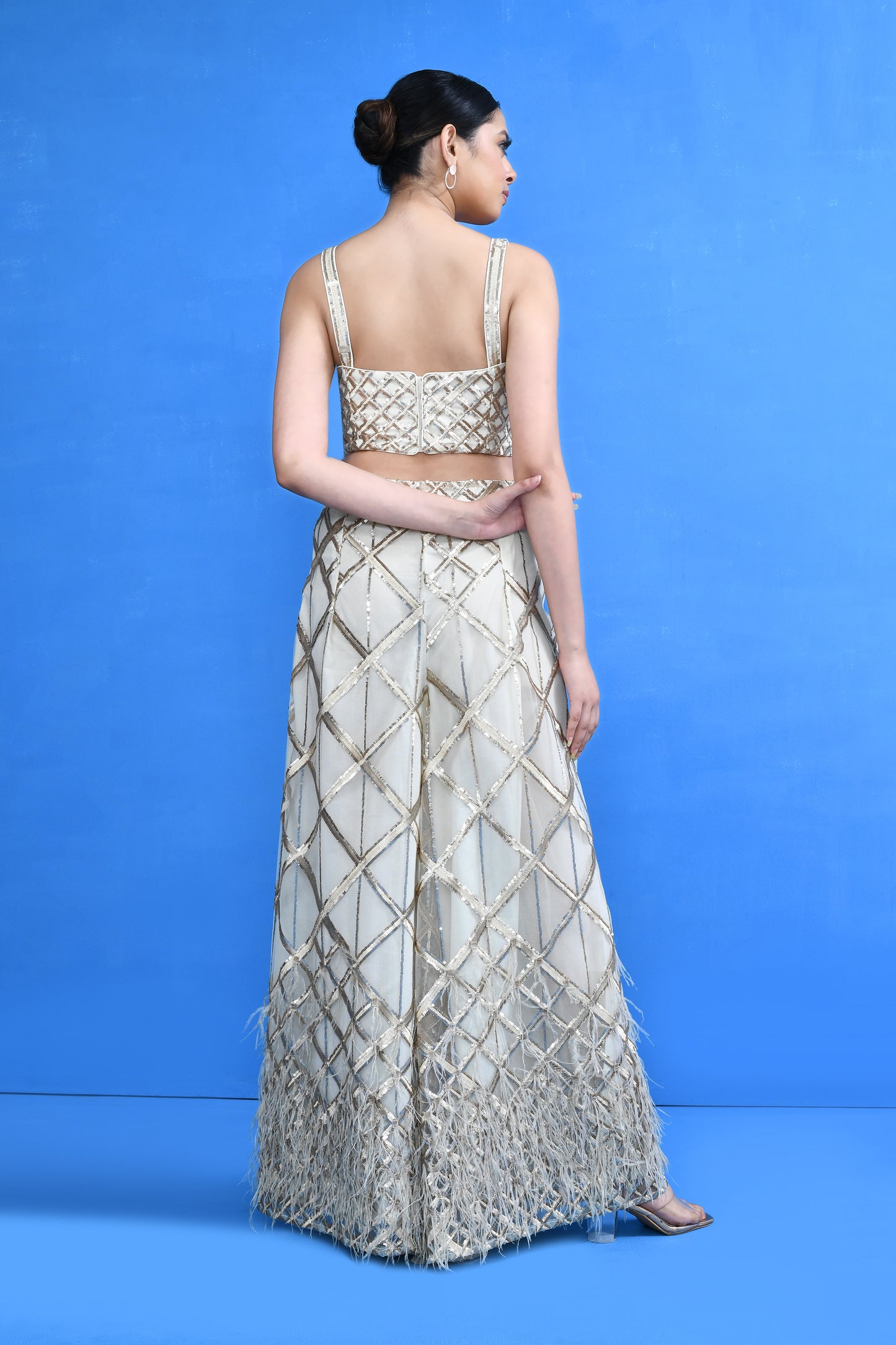 Designer Wear Off White Crop Top and Embellished Palazzo Set