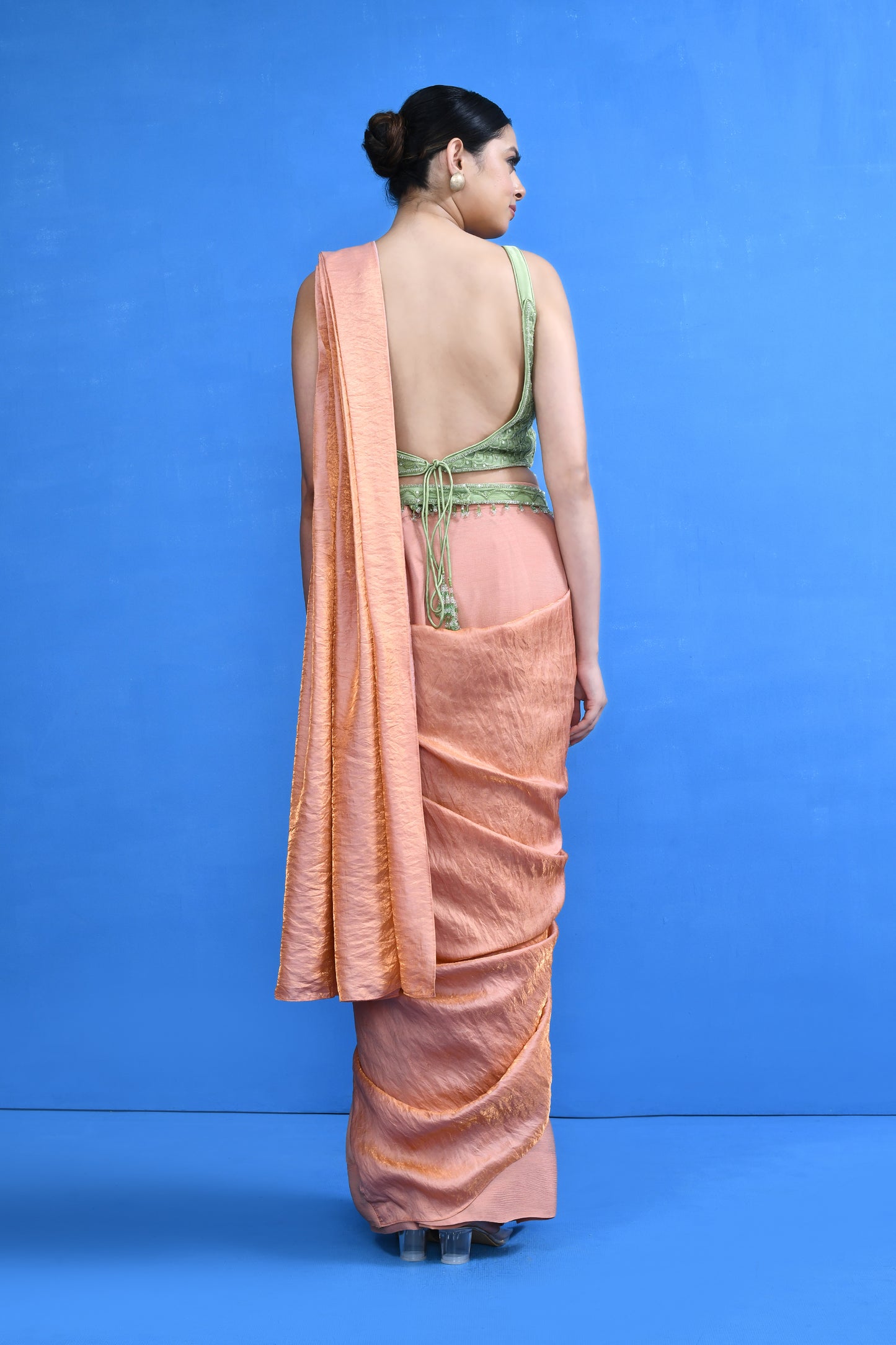 Designer Wear Peach Nova Silk & Chinon Chiffon Drape Saree