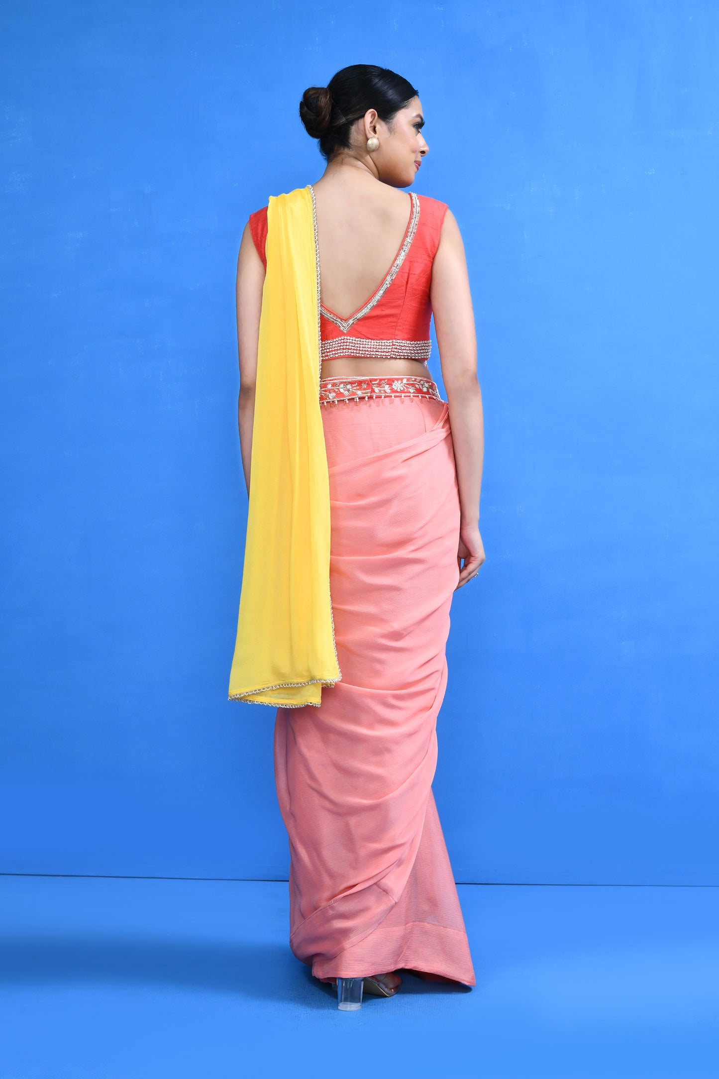 Designer Wear Pink and Yellow Drape Saree
