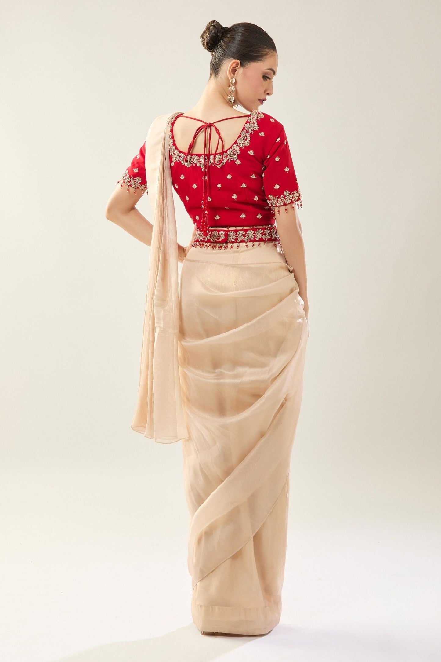 Designer Wear Beige Tissue Drape Saree