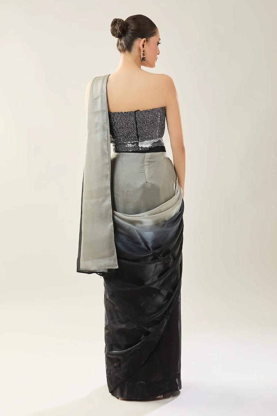 Designer Wear Black, Grey Glass Organza Pre - Draped Saree Set - Simaaya