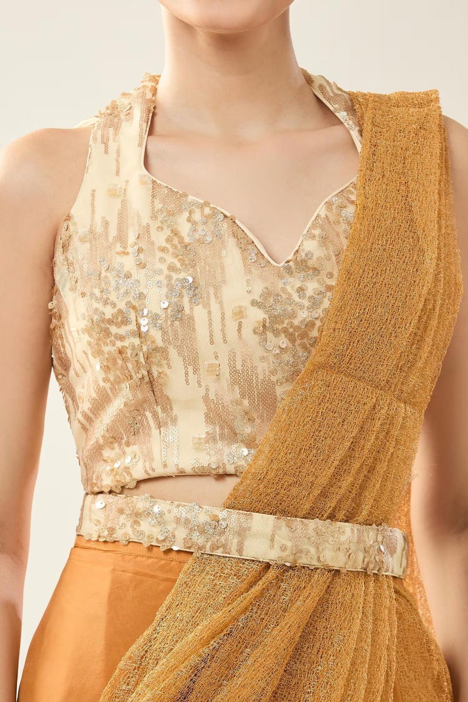 Designer Wear Orange viscose organza Pre - Draped Saree Set - Simaaya