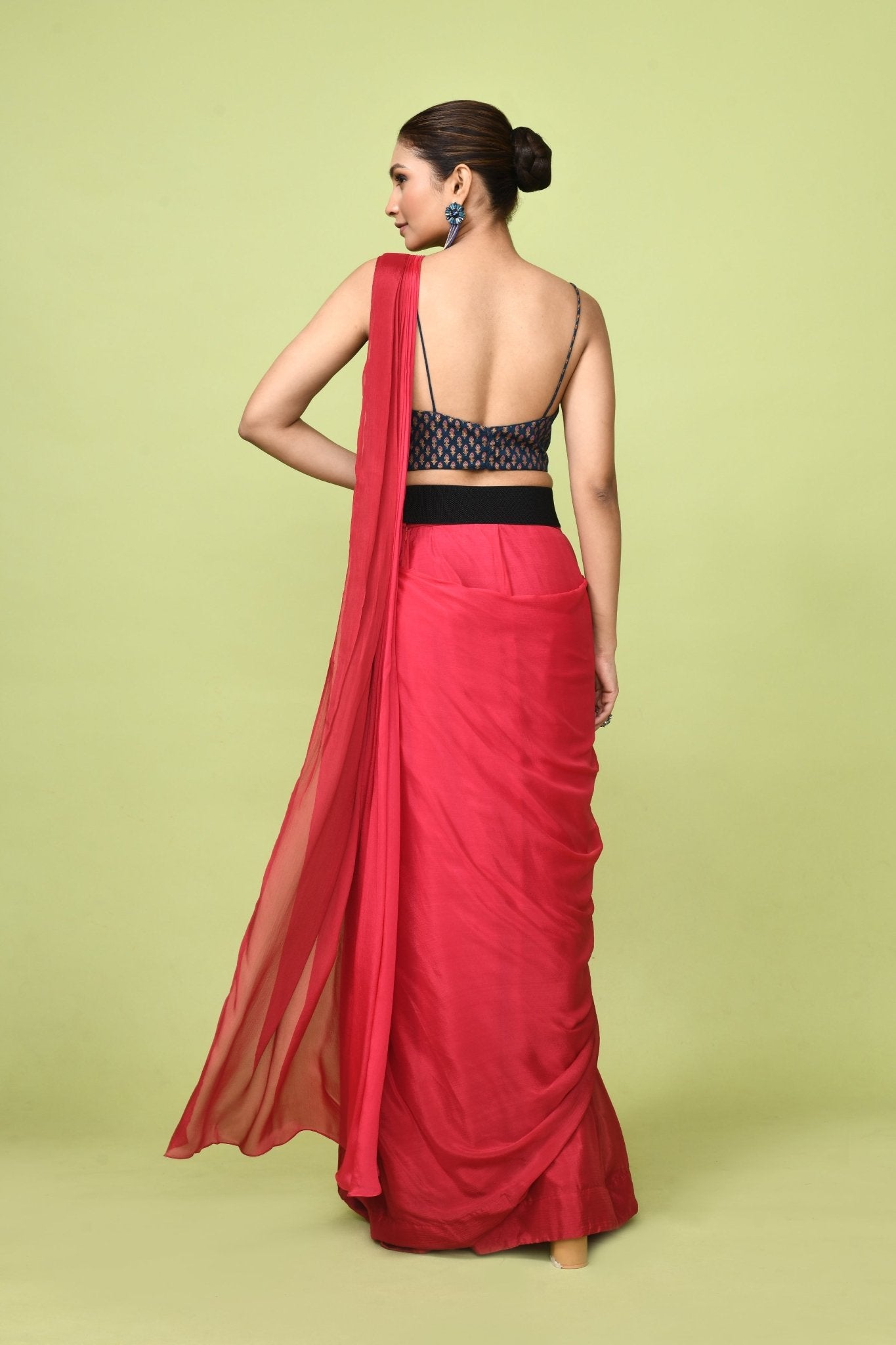 Designer Wear Red Chinon Chiffon Drape Saree - Simaaya