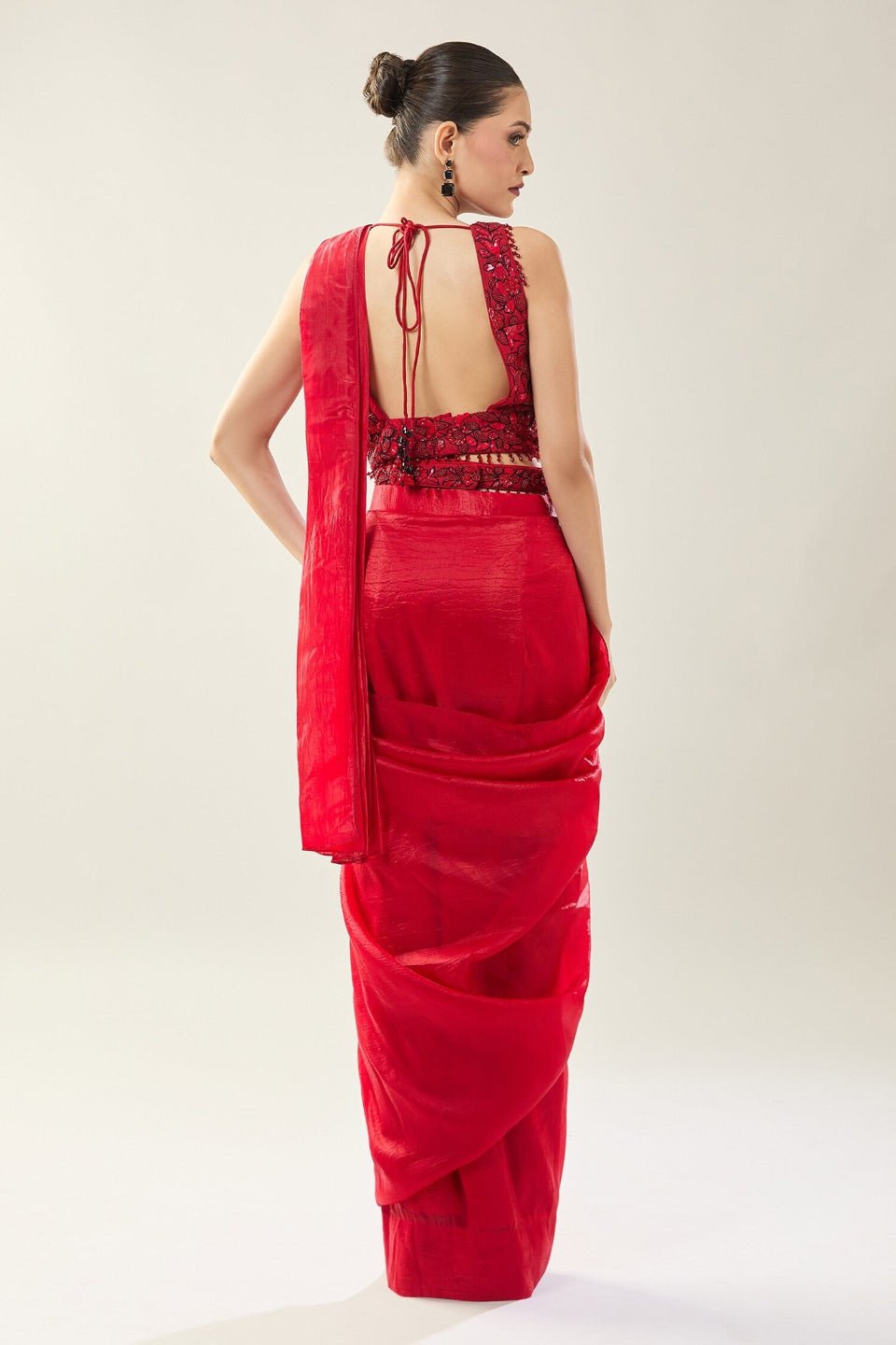 Designer Wear Red Tissue Drape Saree - Simaaya