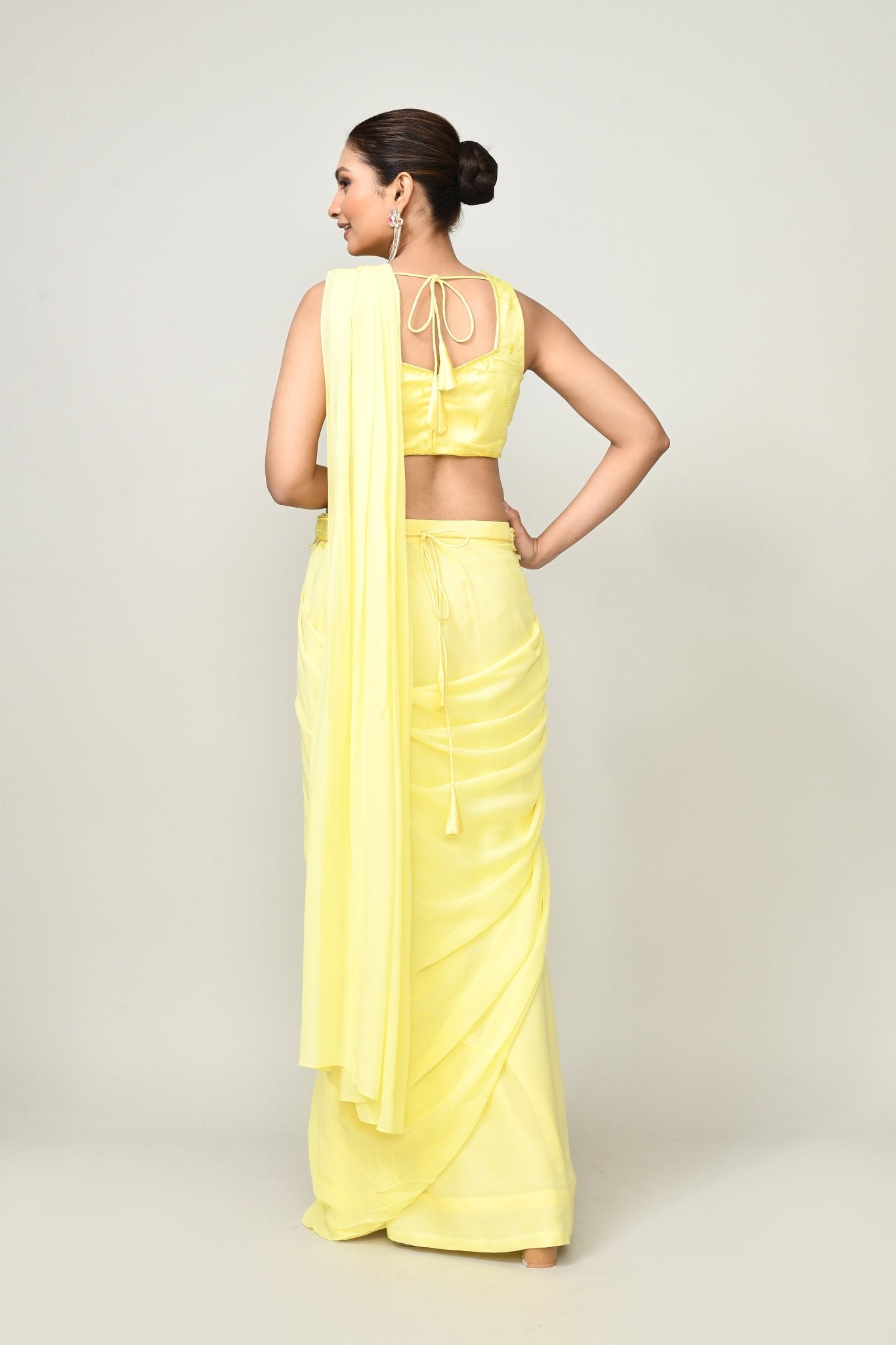 Designer Wear Yellow Chinon Chiffon Drape Saree - Simaaya