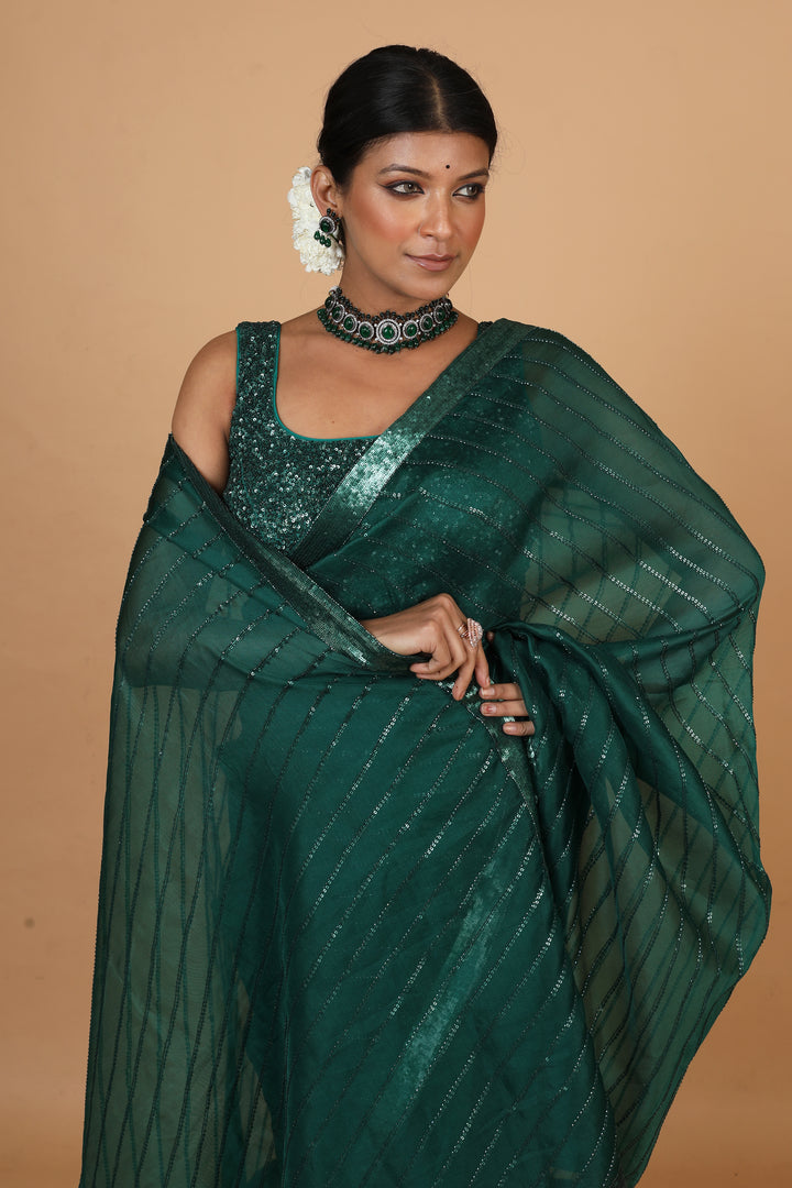 Buy Womens Wear Saree In Dark Green Color At Online Simaaya