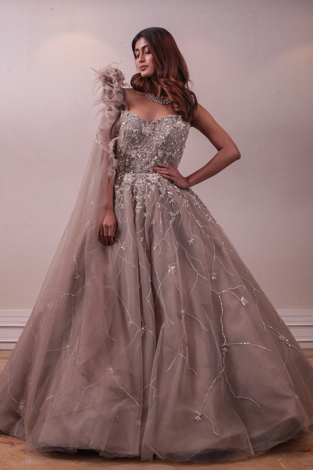 Designer Cape Emellished Pastel Brown Bridal Ball Gown