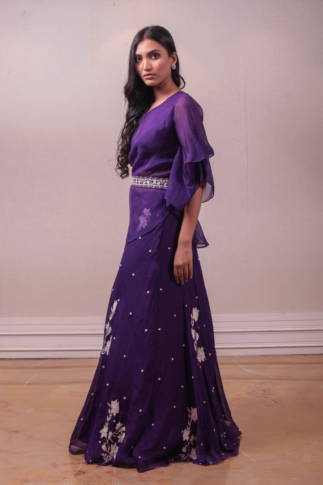 Designer Georgette Purple Embodied Sharara Set