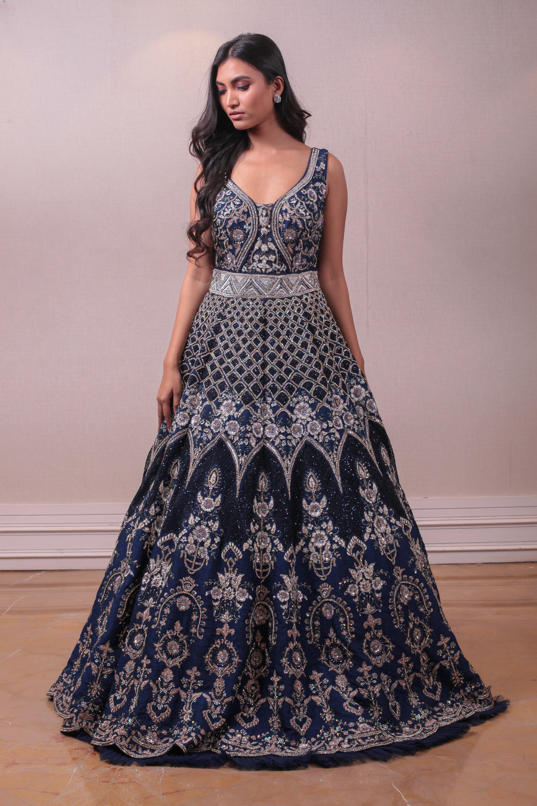 Designer Purssian Blue Raw Silk Embroidered Gown