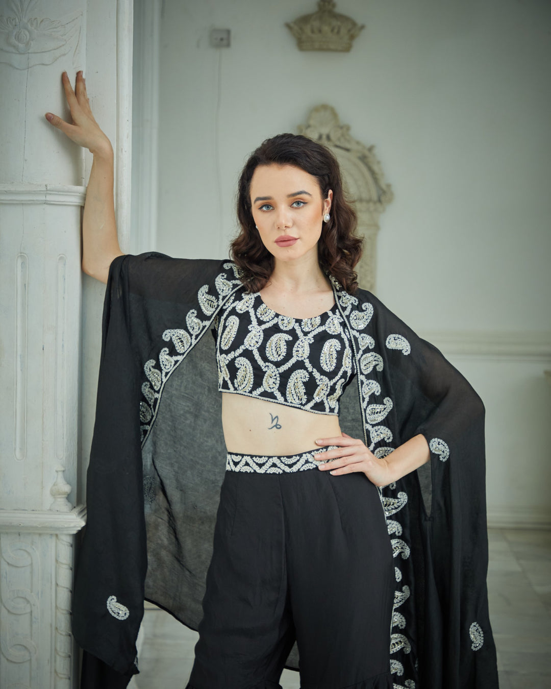 Designer Black color Hand Embroidered Sharara Jacket Set