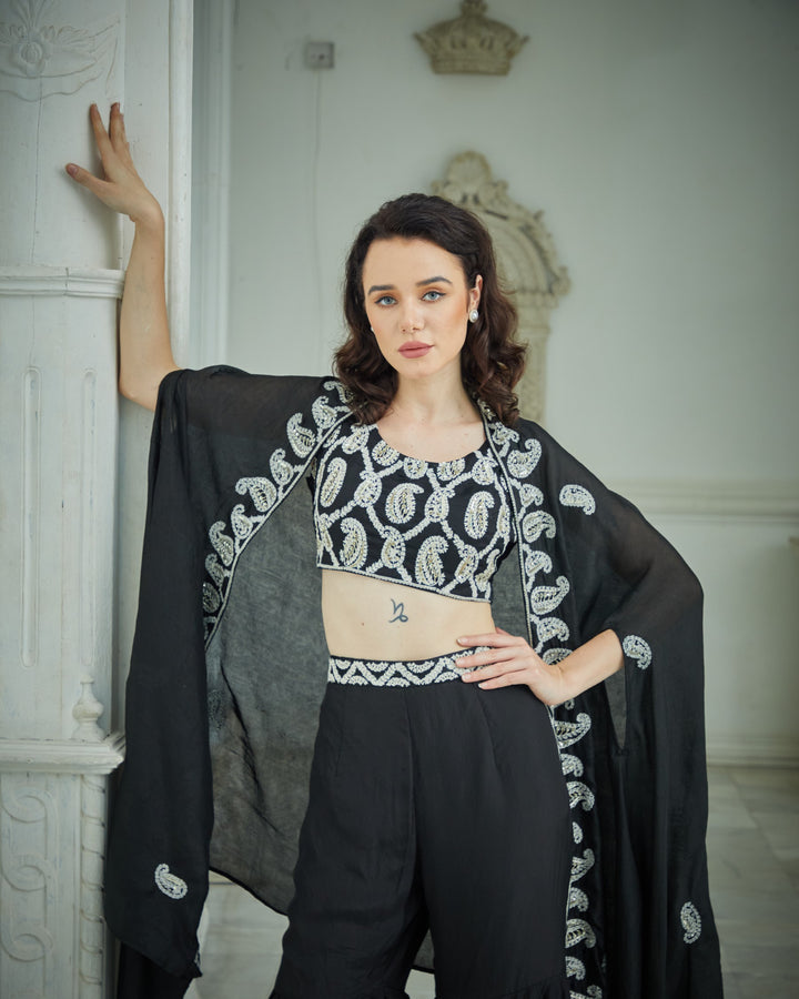 Designer Black color Hand Embroidered Sharara Jacket Set