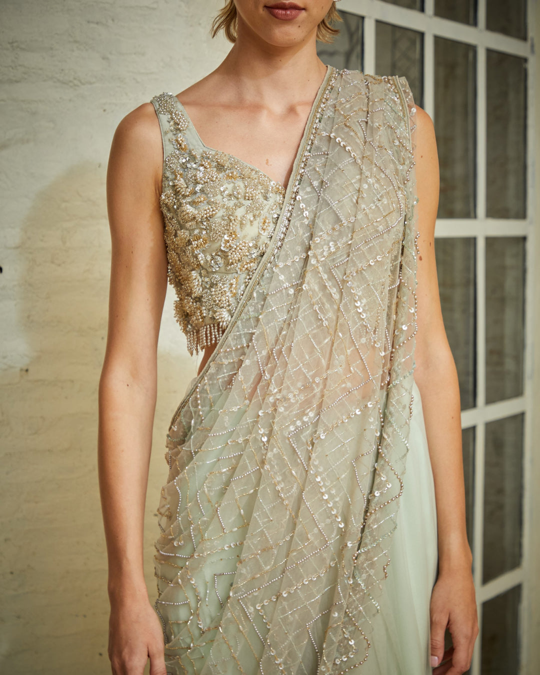 Designer Greish White color Hand Embroidered saree blouse set