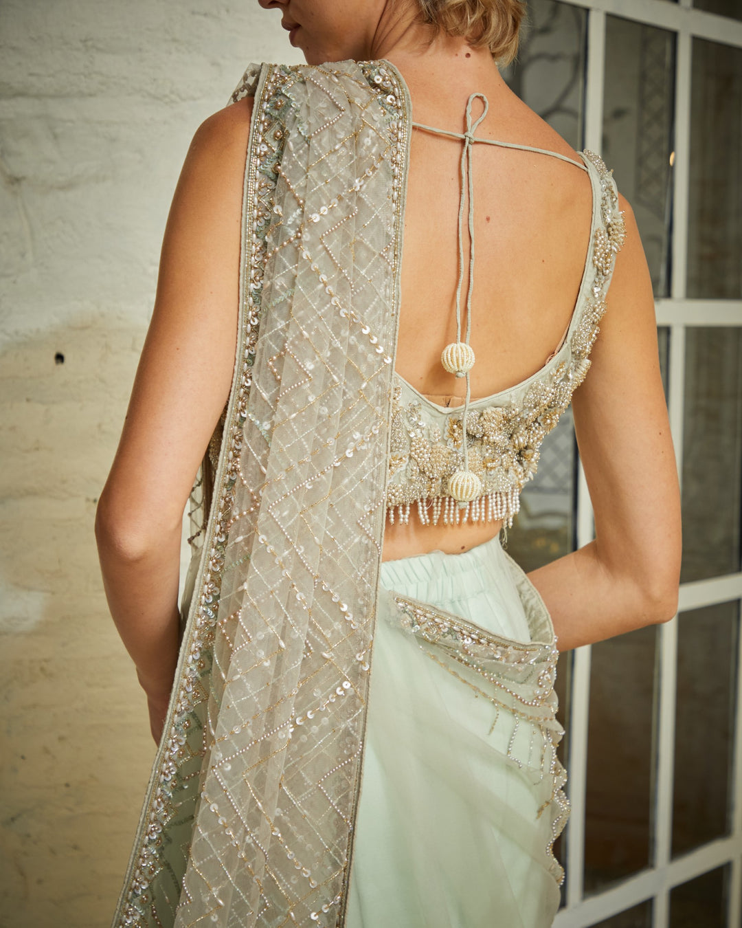Designer Greish White color Hand Embroidered saree blouse set