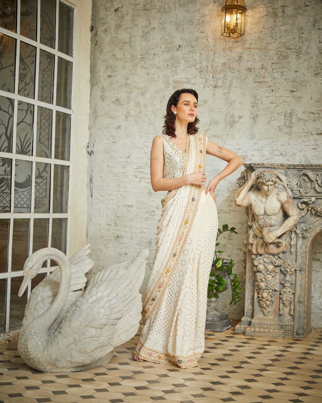 Designer white color Hand Embroidered saree