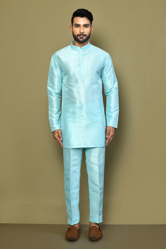 Designer Wear Powder Blue Color Silk Short kurta
