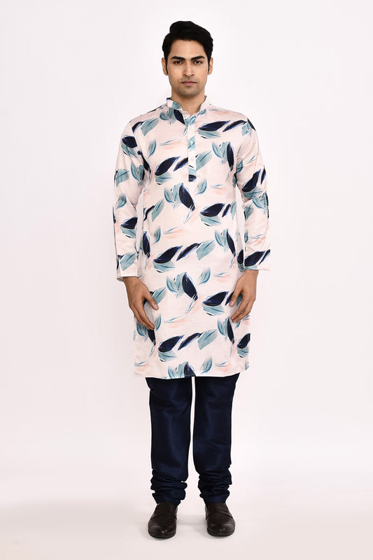 Designer Long Kurta set in White with blue floral print