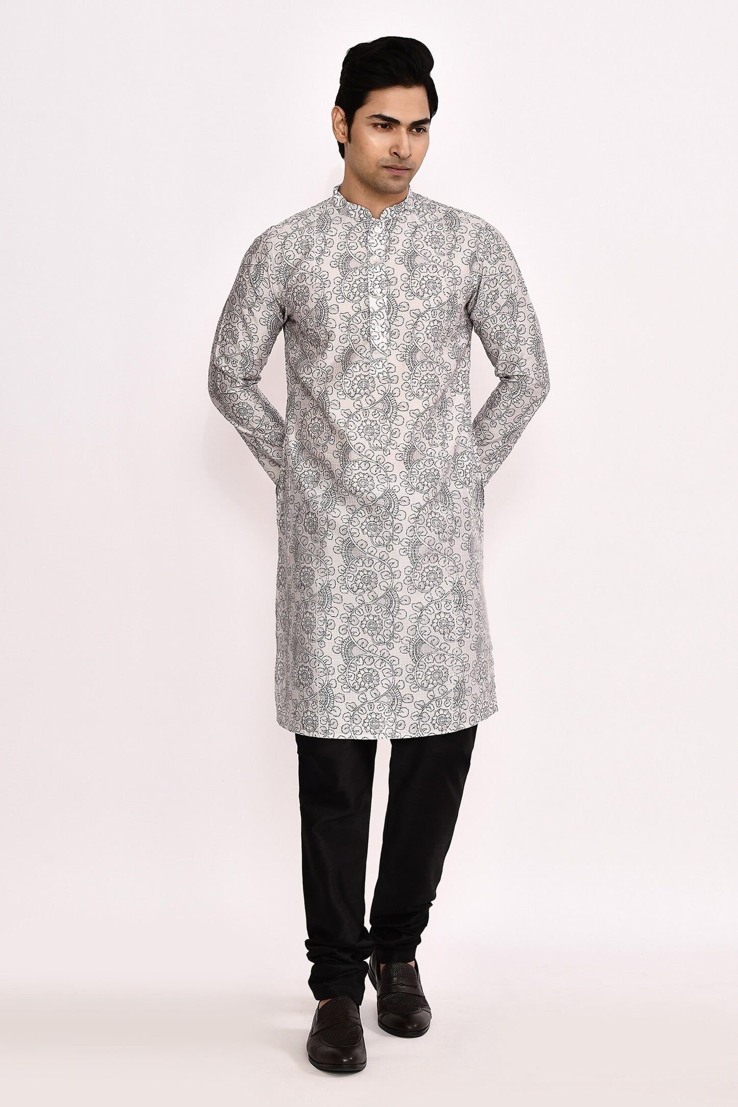 Designer Long Kurta set in Grey and Black