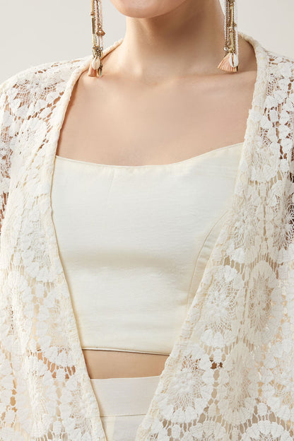 Designer Wear White Open Jacket And Pant Set