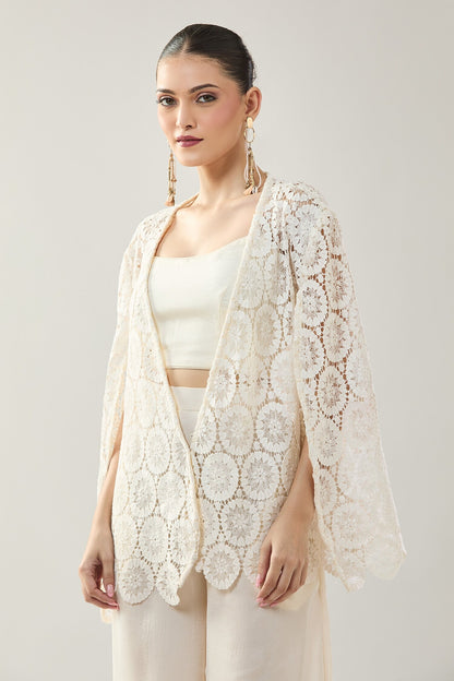 Designer Wear White Open Jacket And Pant Set