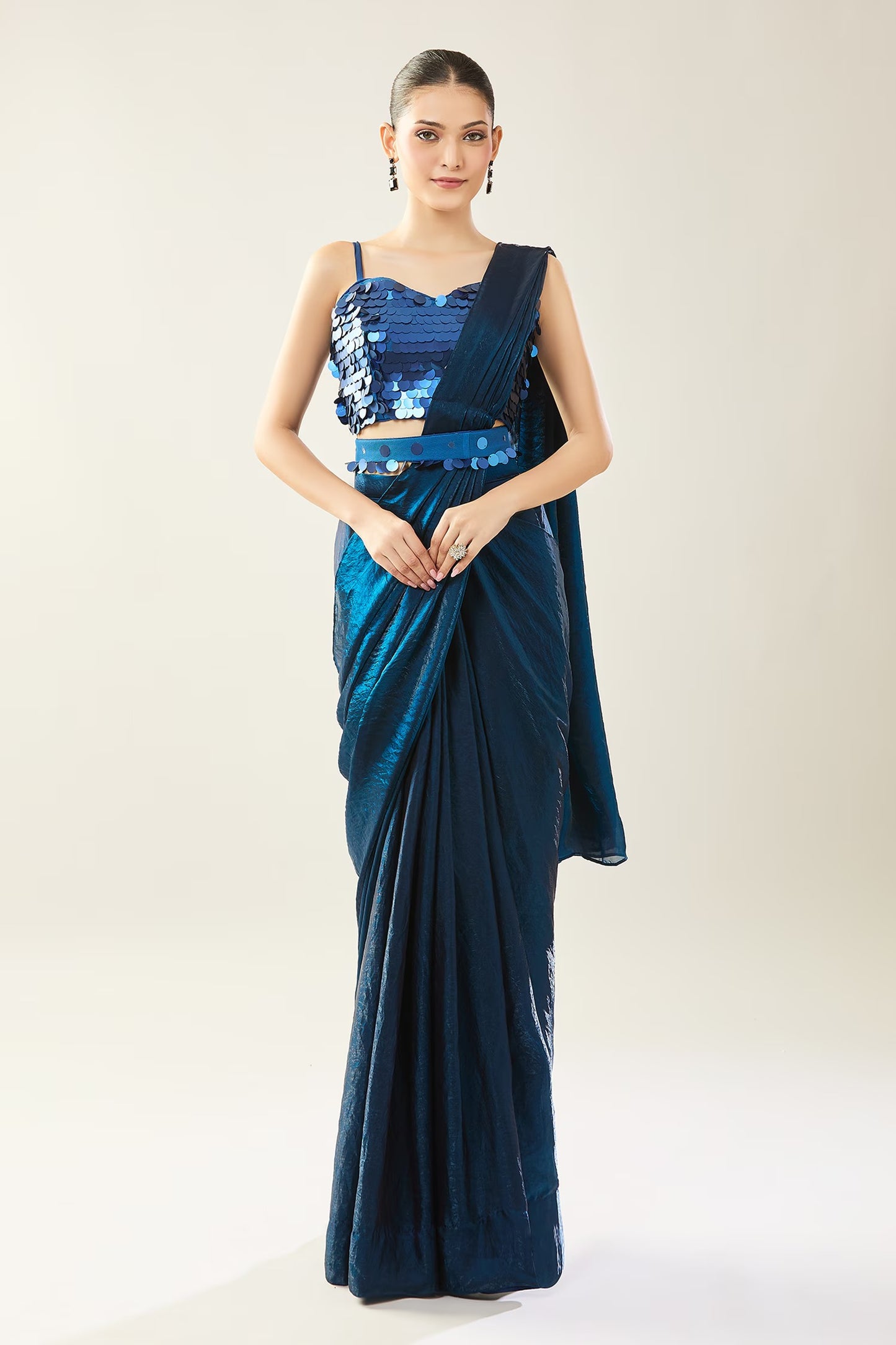 Designer Wear Blue Pre-Draped Saree Set