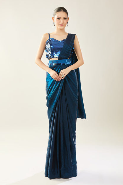 Designer Wear Blue Pre-Draped Saree Set
