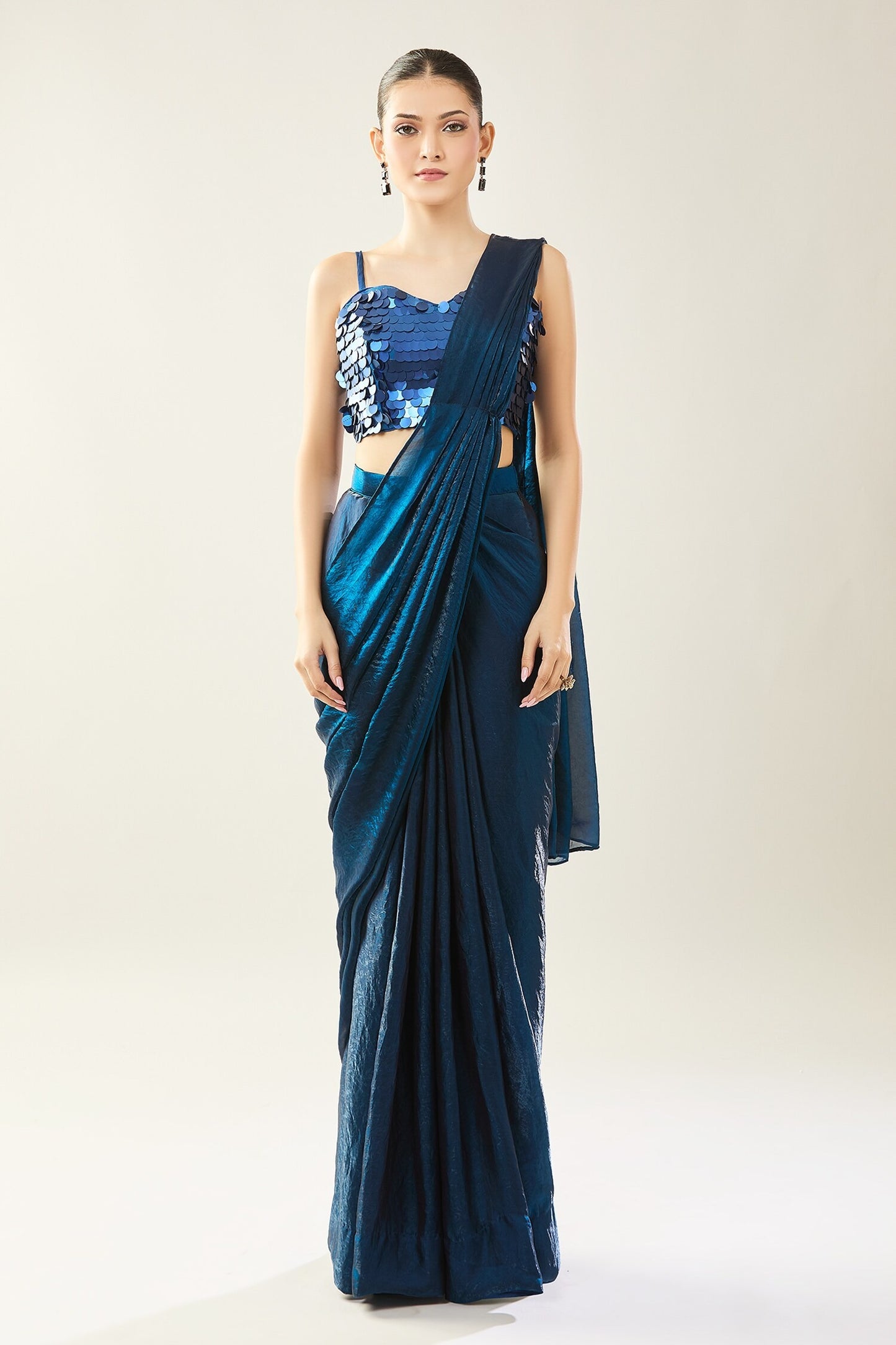 Designer Wear Blue Pre-Draped Saree Set
