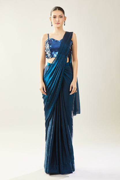 Designer Wear Blue Pre-Draped Saree Set