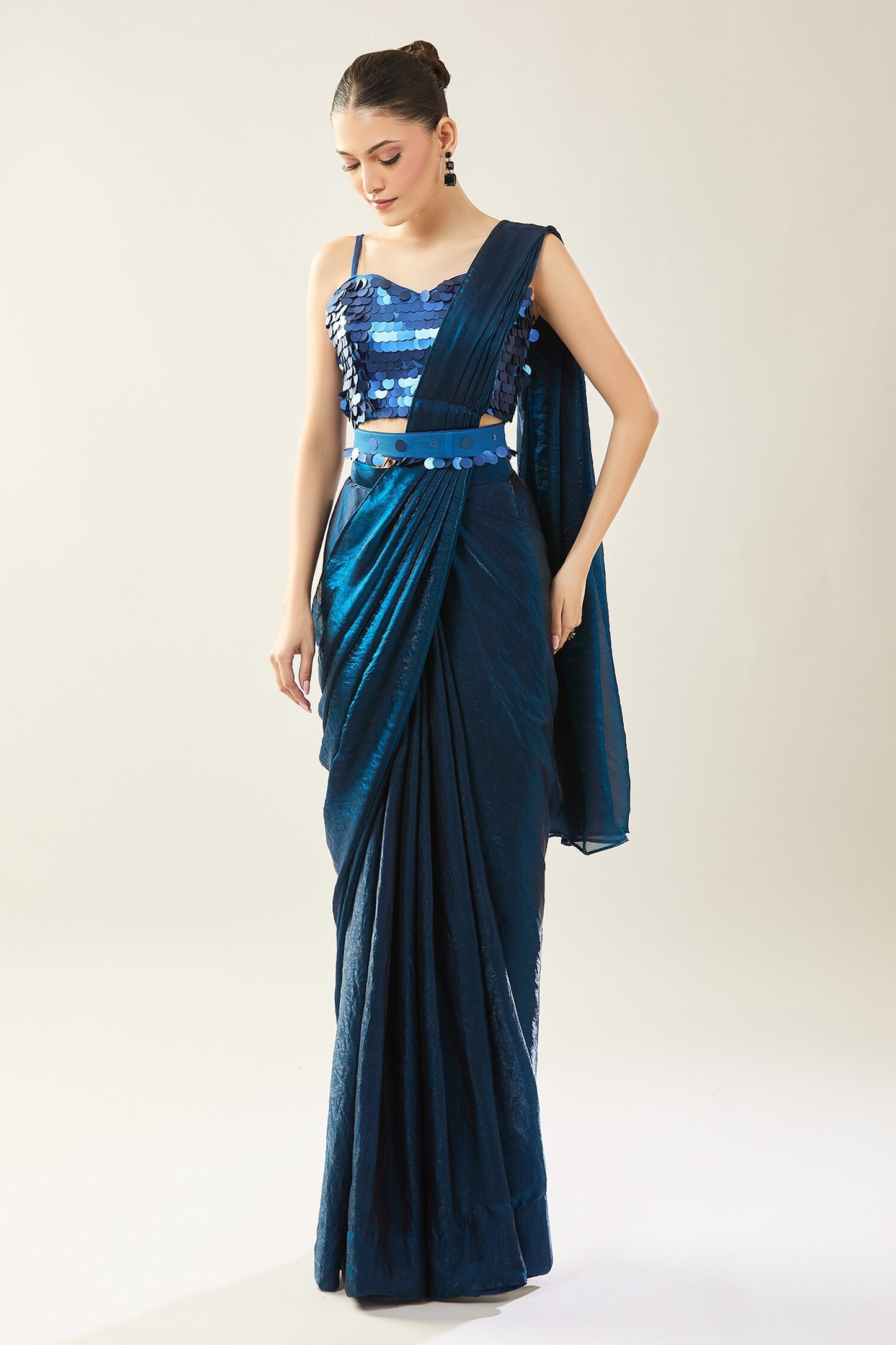 Designer Wear Blue Pre-Draped Saree Set