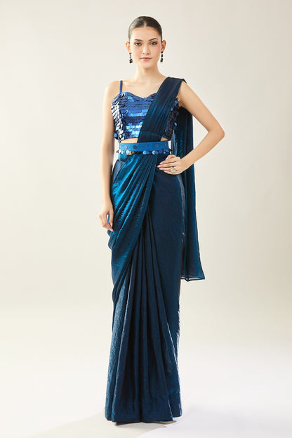 Designer Wear Blue Pre-Draped Saree Set